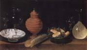 Juan van der Hamen y Leon Style life with glasses of ceramics and Geback oil on canvas